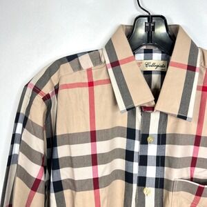 Collegiate Tan Plaid Button Down Mens Size L Long Sleeve Checkered Pocket Shirt
